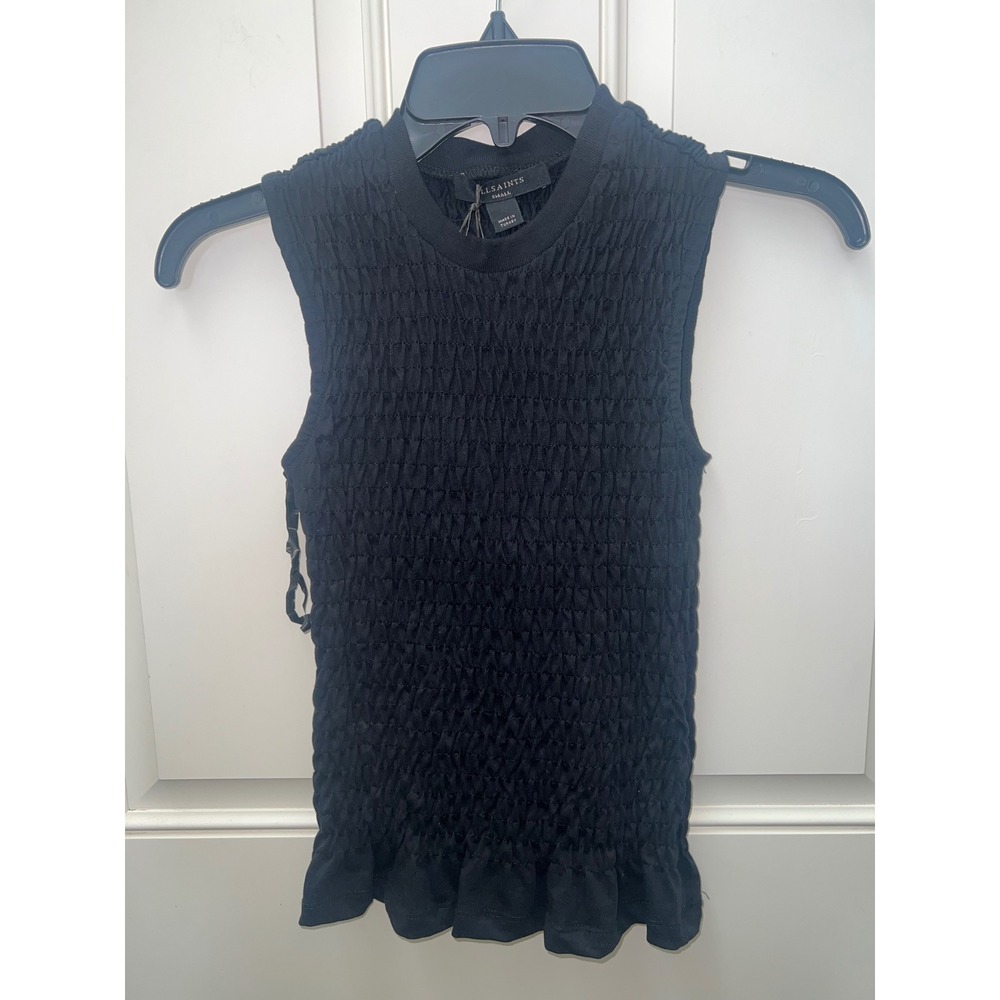 NWT AllSaints Black Smocked Sleeveless Top Crew Neck Ruffle Hem Tank Sz Sm